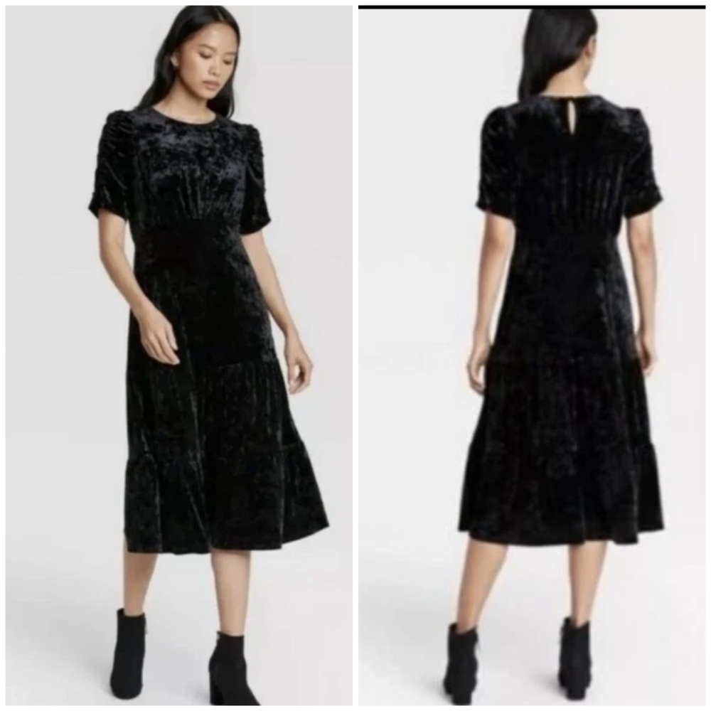 Who What Wear Black Velvet Dress Size Small Midi Short Sleeve Party Holiday